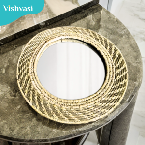Hand made round mirror of sabai grass and date palm leaf thread