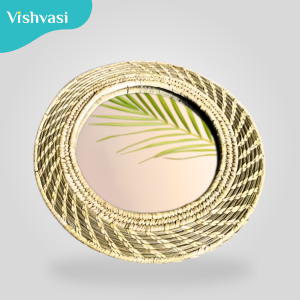 Hand made round mirror of sabai grass and date palm leaf thread