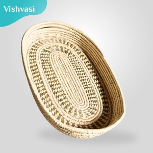 Hand made fruit bread tray basket of sabai grass and date palm leaf thread for home hotel shops.