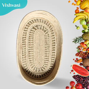 Hand made fruit bread tray basket of sabai grass and date palm leaf thread for home hotel shops.