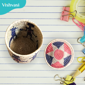 Hand made multi utility decorative pot of sabai grass and date palm leaf thread for home hotels shops.